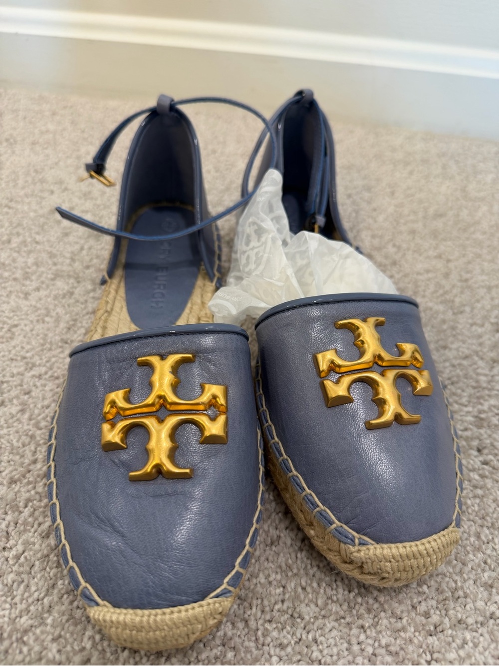 Tory Burch Navy Leather Espadrilles with Gold Logo